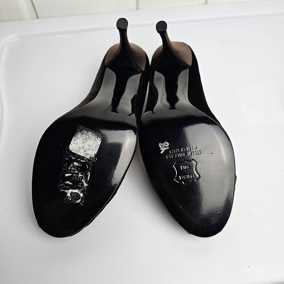 Stuart Weitzman Brown Velvet Snake Skin RhinestoneBow Leather Peeptoe Heels - Picture 10 of 11